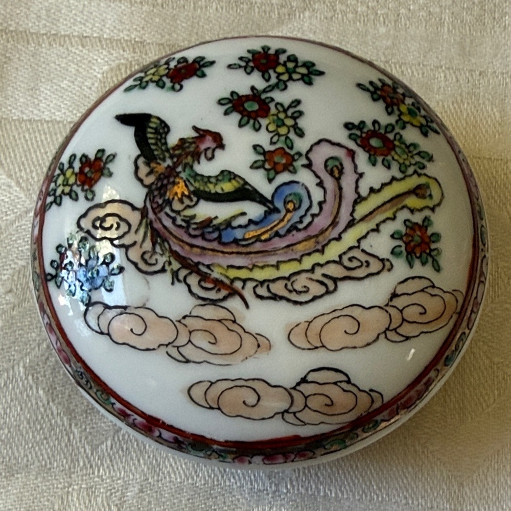 Porcelain Chinese 3” Trinket Box Hand-Painted Phoenix Butterflies Floral Design
